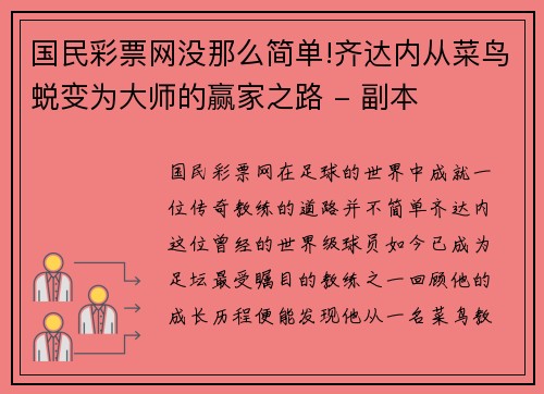 国民彩票网没那么简单!齐达内从菜鸟蜕变为大师的赢家之路 - 副本