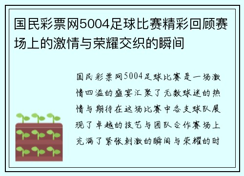 国民彩票网5004足球比赛精彩回顾赛场上的激情与荣耀交织的瞬间