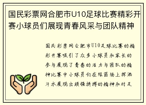 国民彩票网合肥市U10足球比赛精彩开赛小球员们展现青春风采与团队精神